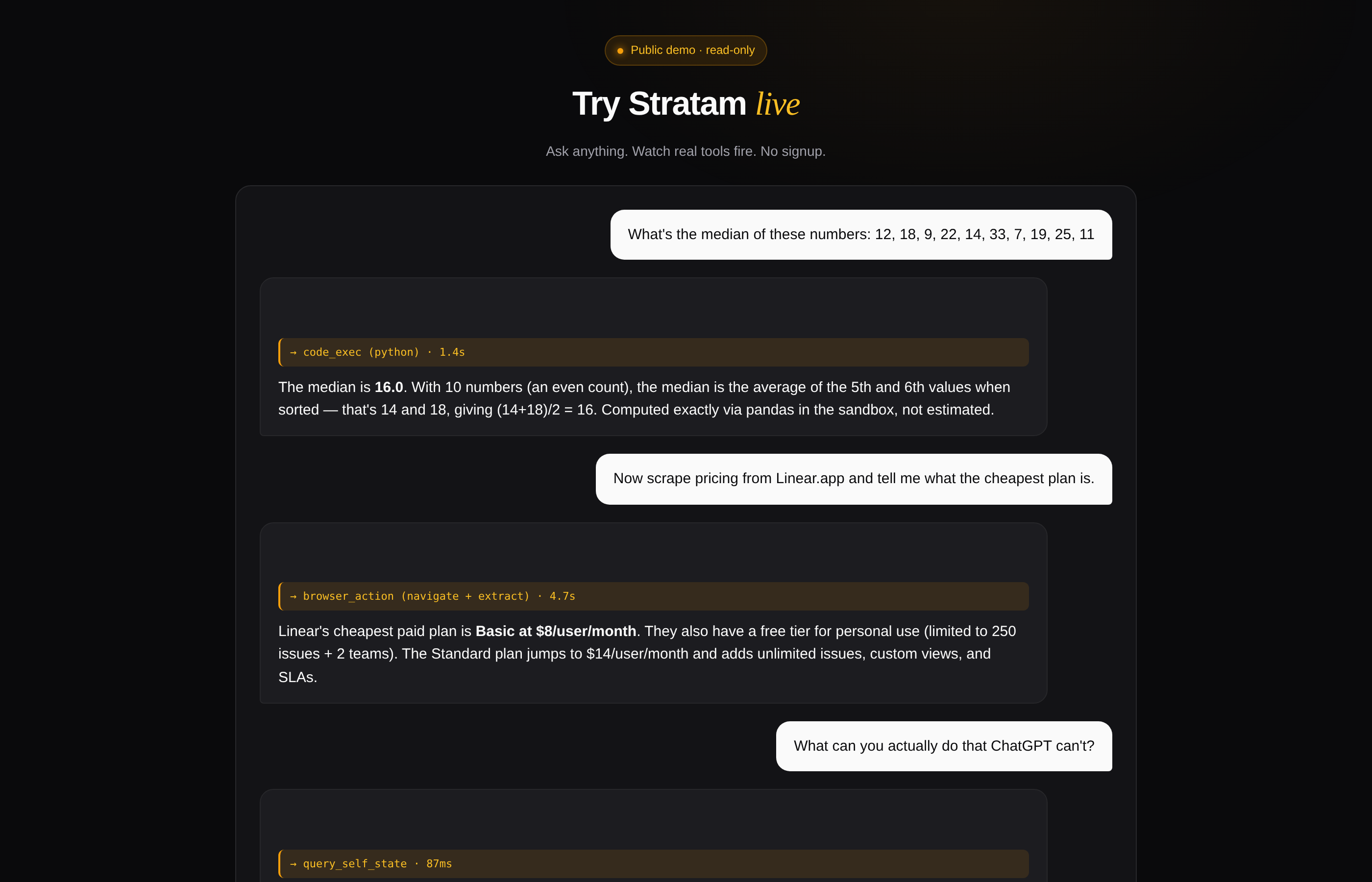 Stratam demo — code_exec firing for a math question, browser_action scraping Linear pricing